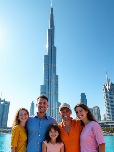 A family posing for a photo in front of Burj Khalifa.