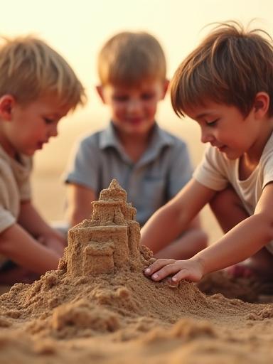 Kids building a sandcastle in the desert.
