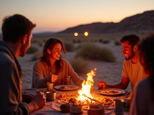 A family enjoying a BBQ dinner at a desert camp.