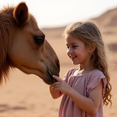 A little girl petting a friendly camel.