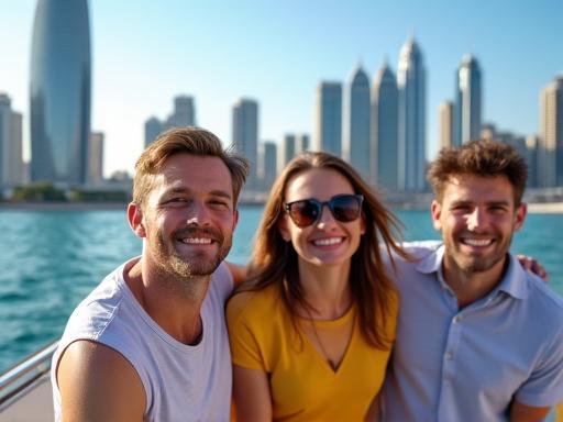 A family smiling on a boat tour in Dubai Marina.