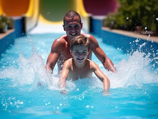 A father and son going down a water slide.
