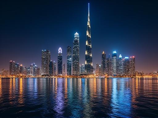 Dubai skyline at night with dazzling lights.