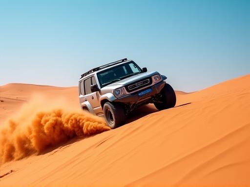 A 4x4 vehicle driving over desert dunes.