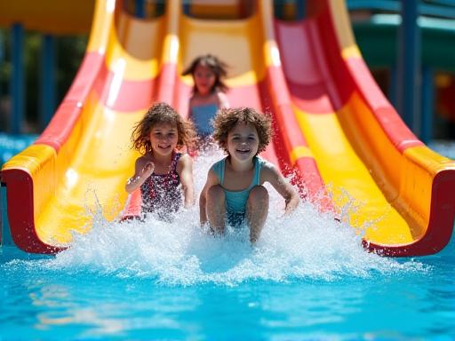 Children playing on a colorful water slide.